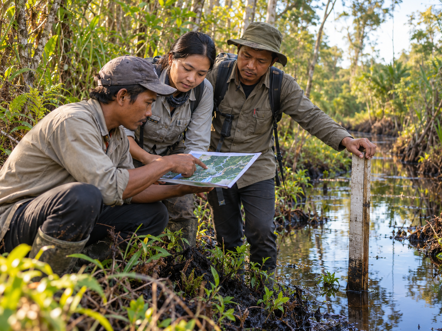 Three people studying a map beside a peatland water channel