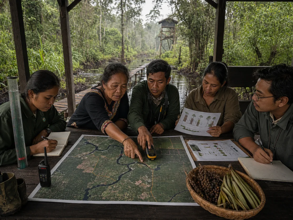 Community members and researchers reading a peatland map together at a field station
