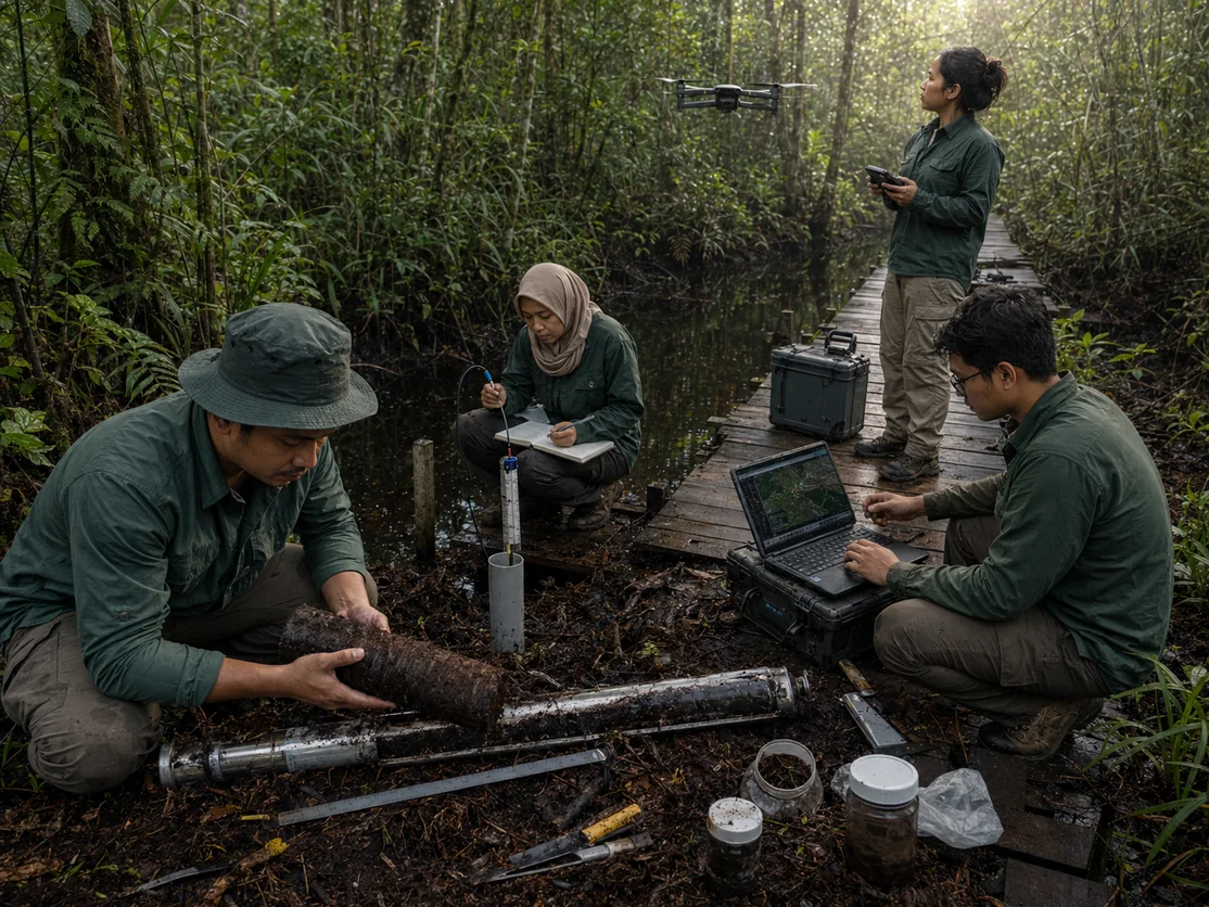 Field team extracting and logging a peat core beside monitoring equipment